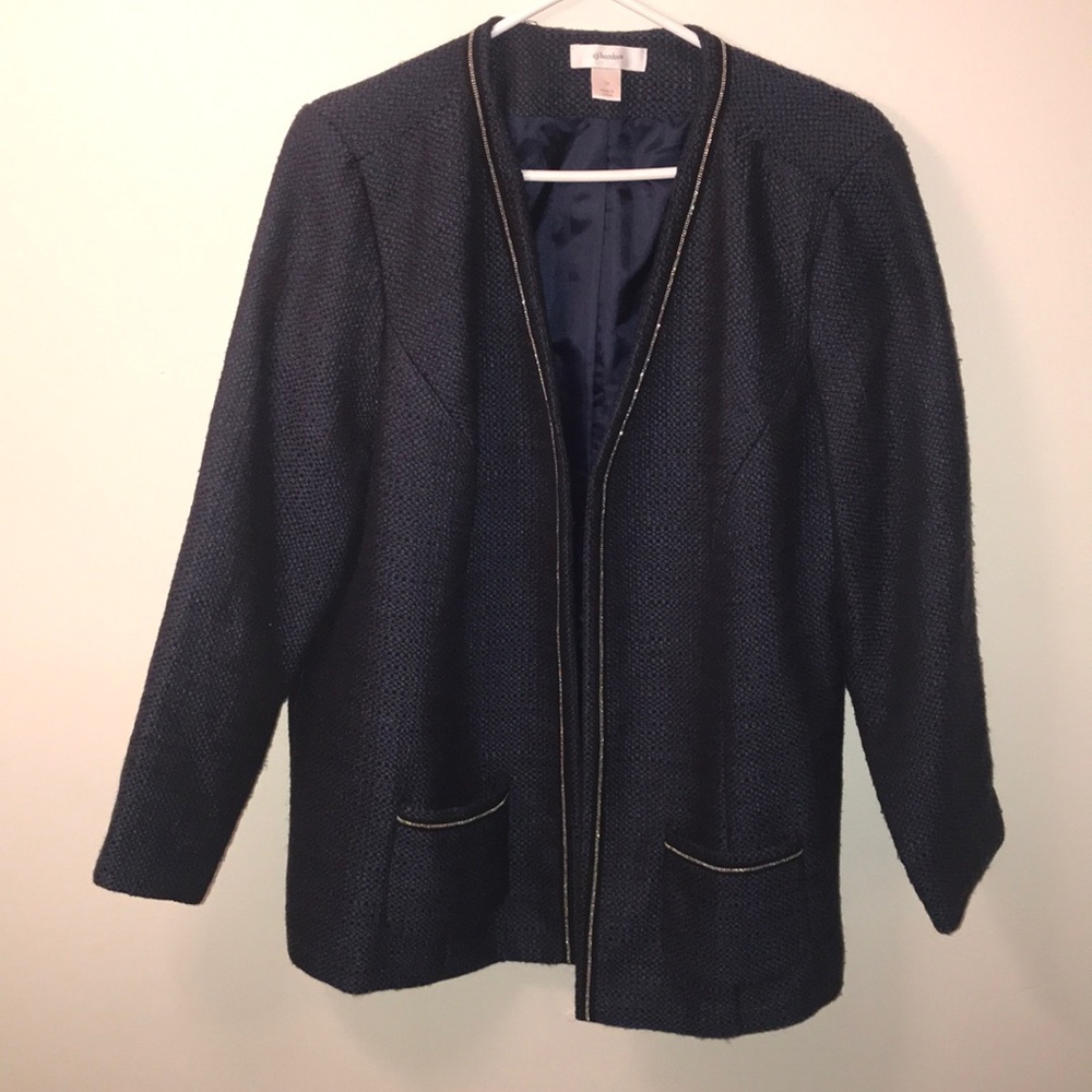 cj banks blue black tweed open front blazer